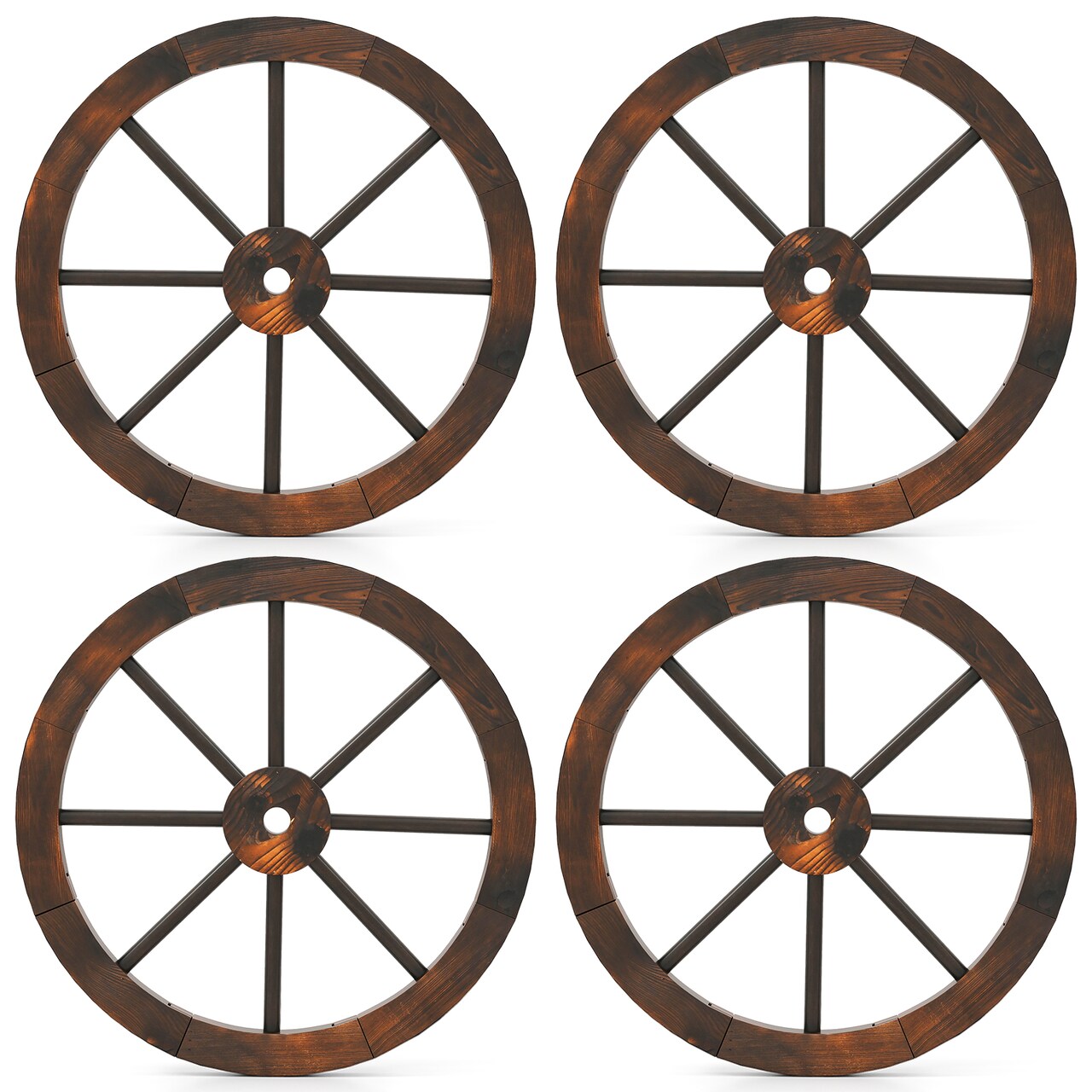 Set of 4 Rustic Brown Fir Wood Metal 24 inch Wagon Wheel Wall Decor Vintage Accent